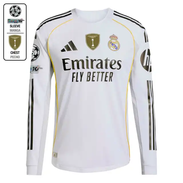 Real Madrid mens authentic home long sleeve jersey 2526 white – champions league  intercontinental with custom print Kits - Authentic Fan Merchandise