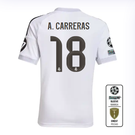 Real Madrid youth home jersey 2526 white – a. carreras – 18 – champions league  intercontinental Kits - Authentic Fan Merchandise