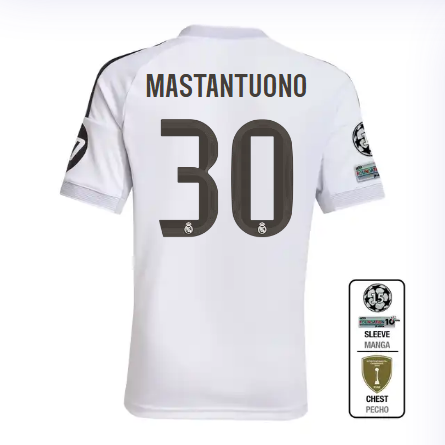 Real Madrid youth home jersey 2526 white – mastantuono – 30 – champions league  intercontinental Kits - Authentic Fan Merchandise