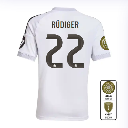 Real Madrid youth home jersey 2526 white – rüdiger – 22 – club world cup  intercontinental Kits - Authentic Fan Merchandise