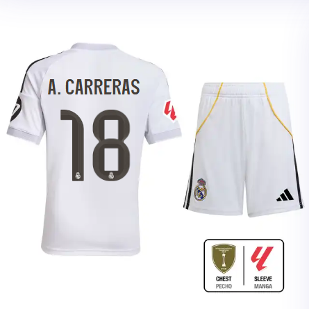 Real Madrid youth home jersey set 2526 white – a. carreras – 18 – la liga  intercontinental Kits - Authentic Fan Merchandise