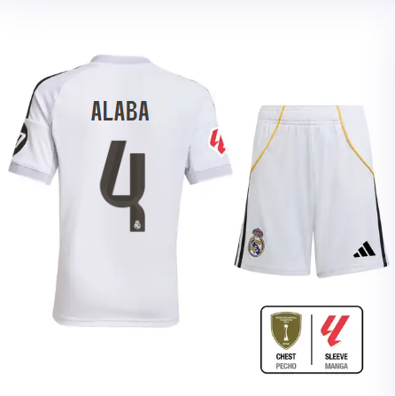 Real Madrid youth home jersey set 2526 white – alaba – 4 – la liga  intercontinental Kits - Authentic Fan Merchandise