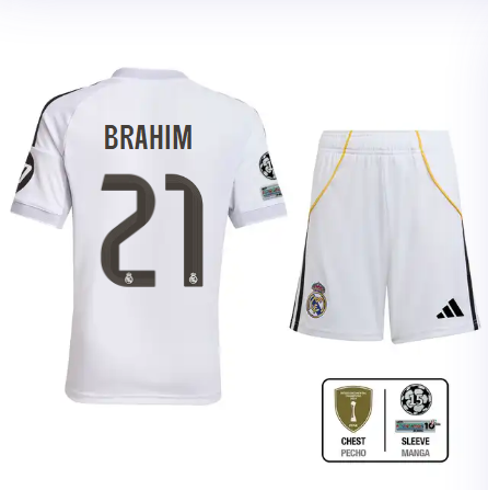 Real Madrid youth home jersey set 2526 white – brahim – 21 – champions league  intercontinental Kits - Authentic Fan Merchandise