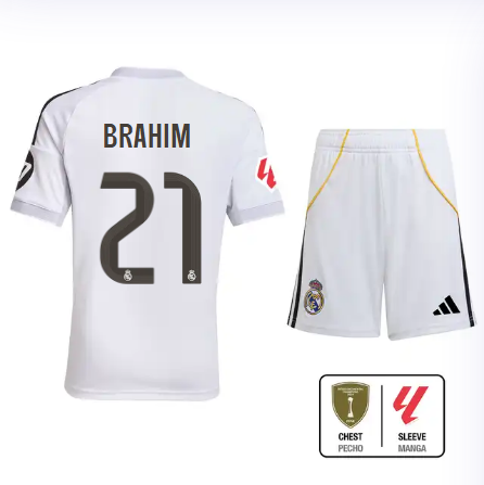 Real Madrid youth home jersey set 2526 white – brahim – 21 – la liga  intercontinental Kits - Authentic Fan Merchandise