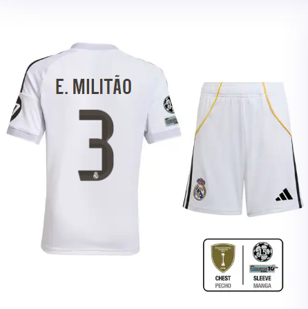 Real Madrid youth home jersey set 2526 white – e. militão – 3 – champions league  intercontinental Kits - Authentic Fan Merchandise