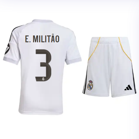 Real Madrid youth home jersey set 2526 white – e. militão – 3 Kits - Authentic Fan Merchandise