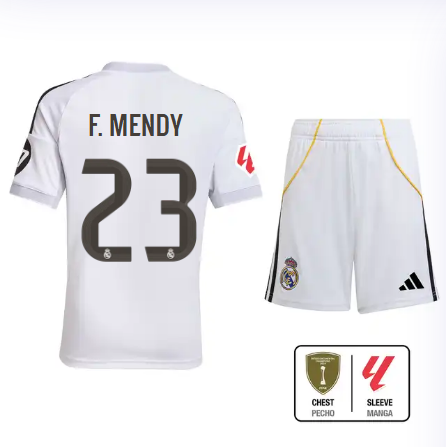 Real Madrid youth home jersey set 2526 white – f. mendy – 23 – la liga  intercontinental Kits - Authentic Fan Merchandise