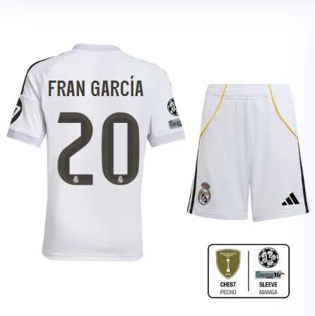 Real Madrid youth home jersey set 2526 white – fran garcía – 20 – champions league  intercontinental Kits - Authentic Fan Merchandise