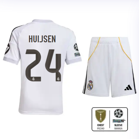 Real Madrid youth home jersey set 2526 white – huijsen – 24 – champions league  intercontinental Kits - Authentic Fan Merchandise
