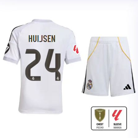 Real Madrid youth home jersey set 2526 white – huijsen – 24 – la liga  intercontinental Kits - Authentic Fan Merchandise