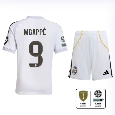 Real Madrid youth home jersey set 2526 white – mbappé – 9 – champions league  intercontinental Kits - Authentic Fan Merchandise