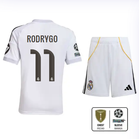 Real Madrid youth home jersey set 2526 white – rodrygo – 11 – champions league  intercontinental Kits - Authentic Fan Merchandise