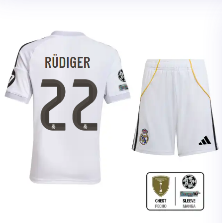 Real Madrid youth home jersey set 2526 white – rüdiger – 22 – champions league  intercontinental Kits - Authentic Fan Merchandise