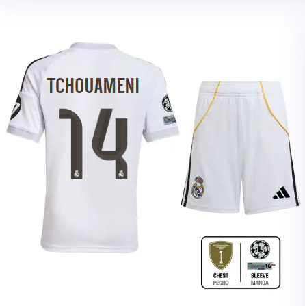 Real Madrid youth home jersey set 2526 white – tchouameni – 14 – champions league  intercontinental Kits - Authentic Fan Merchandise