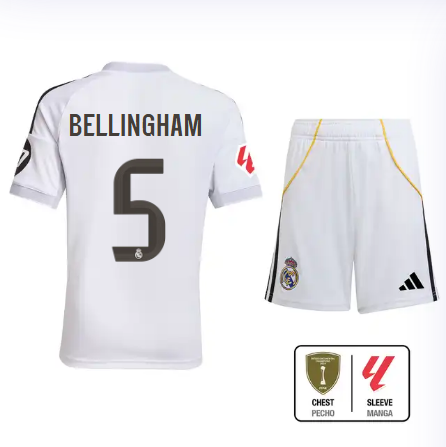 Real Madrid youth home kit 2526 white – bellingham – 5 – la liga  intercontinental Kits - Authentic Fan Merchandise