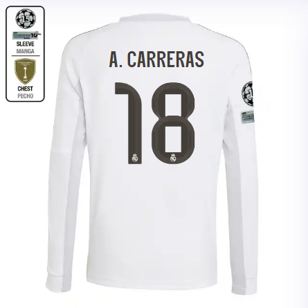 Real Madrid youth home long sleeve jersey 2526 white – a. carreras – 18 – champions league  intercontinental Kits - Authentic Fan Merchandise