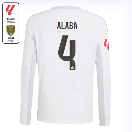 Real Madrid youth home long sleeve jersey 2526 white – alaba – 4 – la liga  intercontinental Kits - Authentic Fan Merchandise