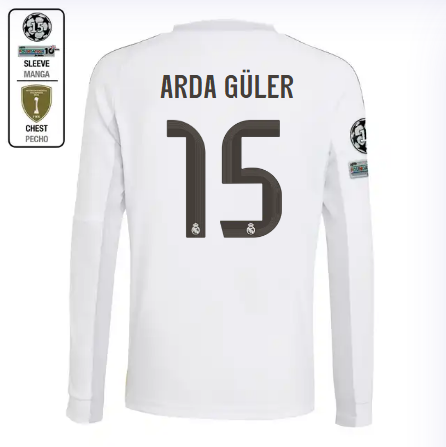 Real Madrid youth home long sleeve jersey 2526 white – arda güler – 15 – champions league  intercontinental Kits - Authentic Fan Merchandise