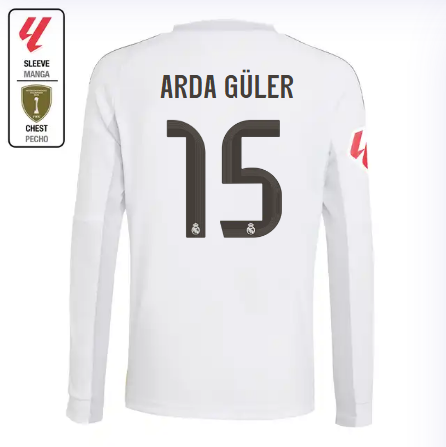 Real Madrid youth home long sleeve jersey 2526 white – arda güler – 15 – la liga  intercontinental Kits - Authentic Fan Merchandise