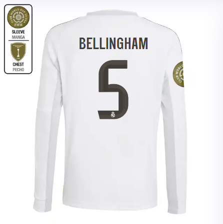 Real Madrid youth home long sleeve jersey 2526 white – bellingham – 5 – club world cup  intercontinental Kits - Authentic Fan Merchandise