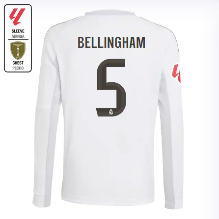 Real Madrid youth home long sleeve jersey 2526 white – bellingham – 5 – la liga  intercontinental Kits - Authentic Fan Merchandise