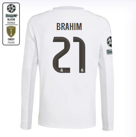 Real Madrid youth home long sleeve jersey 2526 white – brahim – 21 – champions league  intercontinental Kits - Authentic Fan Merchandise