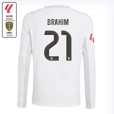 Real Madrid youth home long sleeve jersey 2526 white – brahim – 21 – la liga  intercontinental Kits - Authentic Fan Merchandise