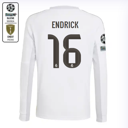 Real Madrid youth home long sleeve jersey 2526 white – endrick – 16 – champions league  intercontinental Kits - Authentic Fan Merchandise