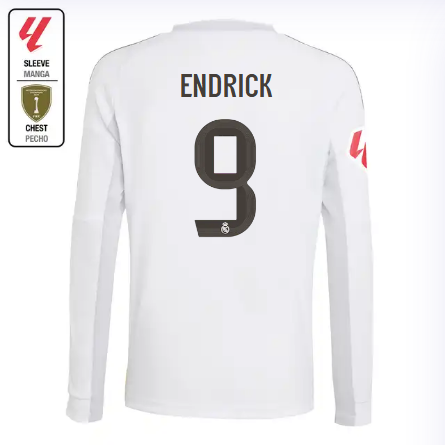 Real Madrid youth home long sleeve jersey 2526 white – endrick – 9 – la liga  intercontinental Kits - Authentic Fan Merchandise