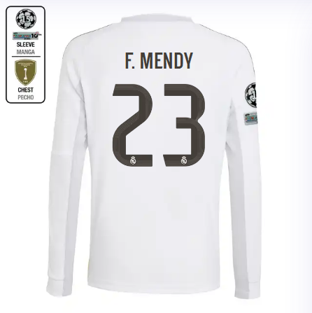 Real Madrid youth home long sleeve jersey 2526 white – f. mendy – 23 – champions league  intercontinental Kits - Authentic Fan Merchandise