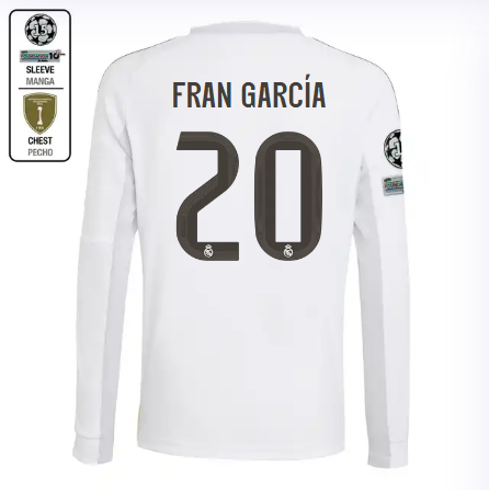 Real Madrid youth home long sleeve jersey 2526 white – fran garcía – 20 – champions league  intercontinental Kits - Authentic Fan Merchandise