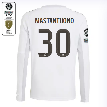 Real Madrid youth home long sleeve jersey 2526 white – mastantuono – 30 – champions league  intercontinental Kits - Authentic Fan Merchandise