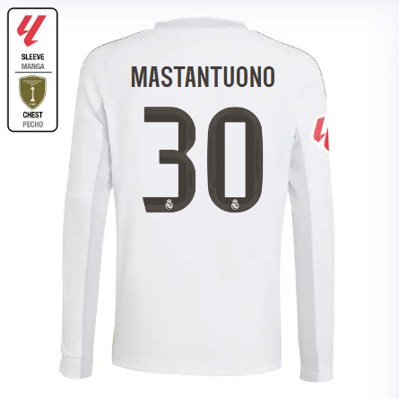 Real Madrid youth home long sleeve jersey 2526 white – mastantuono – 30 – la liga  intercontinental Kits - Authentic Fan Merchandise