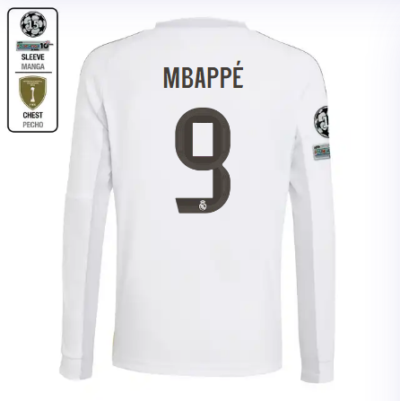 Real Madrid youth home long sleeve jersey 2526 white – mbappé – 9 – champions league  intercontinental Kits - Authentic Fan Merchandise