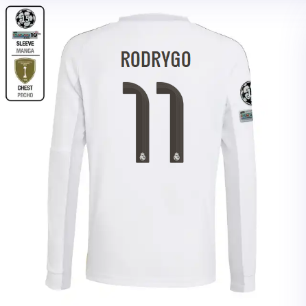 Real Madrid youth home long sleeve jersey 2526 white – rodrygo – 11 – champions league  intercontinental Kits - Authentic Fan Merchandise