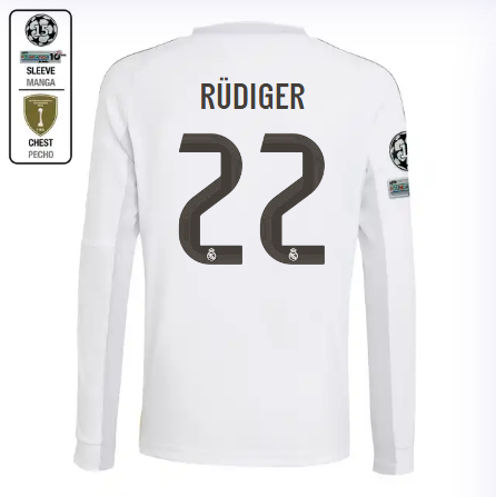 Real Madrid youth home long sleeve jersey 2526 white – rüdiger – 22 – champions league  intercontinental Kits - Authentic Fan Merchandise
