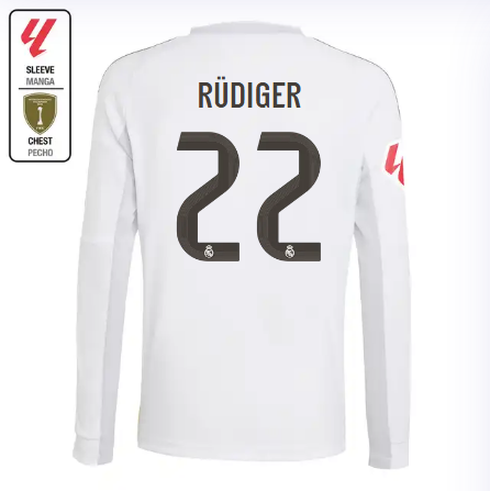 Real Madrid youth home long sleeve jersey 2526 white – rüdiger – 22 – la liga  intercontinental Kits - Authentic Fan Merchandise