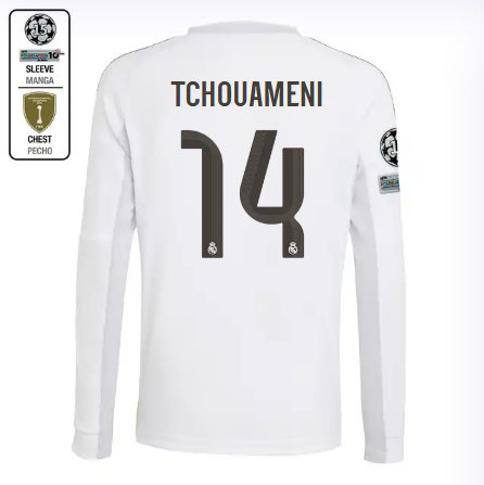 Real Madrid youth home long sleeve jersey 2526 white – tchouameni – 14 – champions league  intercontinental Kits - Authentic Fan Merchandise
