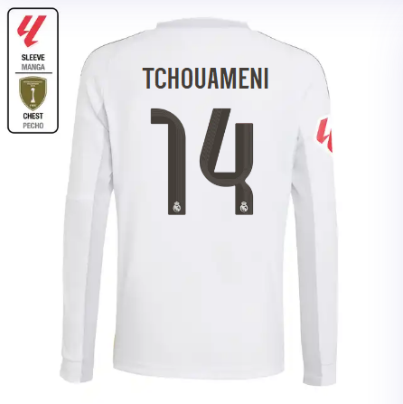 Real Madrid youth home long sleeve jersey 2526 white – tchouameni – 14 – la liga  intercontinental Kits - Authentic Fan Merchandise