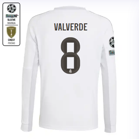 Real Madrid youth home long sleeve jersey 2526 white – valverde – 8 – champions league  intercontinental Kits - Authentic Fan Merchandise