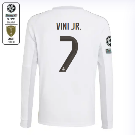 Real Madrid youth home long sleeve jersey 2526 white – vini jr. – 7 – champions league  intercontinental Kits - Authentic Fan Merchandise