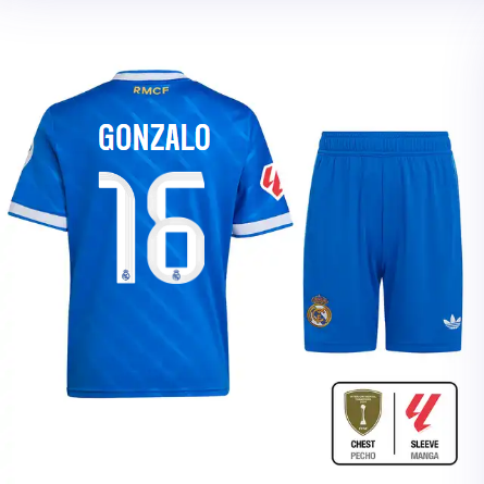 Real Madrid youth third jersey 2526 blue – gonzalo – 16 – la liga  intercontinental Kits - Authentic Fan Merchandise