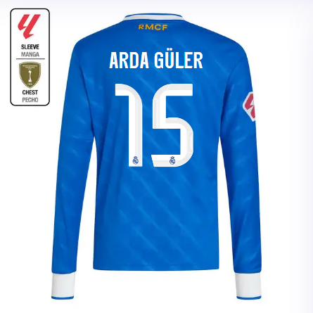 Real Madrid youth third long sleeve jersey 2526 blue – arda güler – 15 – la liga  intercontinental Kits - Authentic Fan Merchandise