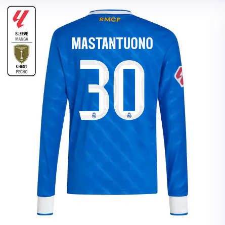 Real Madrid youth third long sleeve jersey 2526 blue – mastantuono – 30 – la liga  intercontinental Kits - Authentic Fan Merchandise