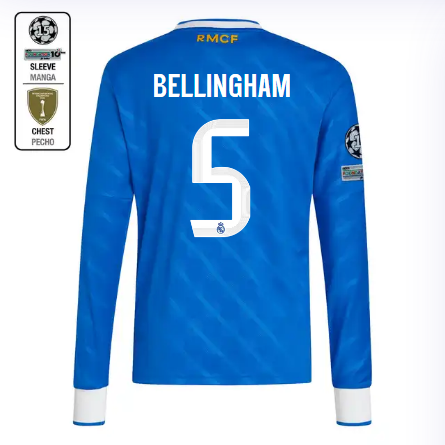 Real Madrid youth third long sleeve jersey jersey 2526 blue – bellingham – 5 – champions league  intercontinental Kits - Authentic Fan Merchandise