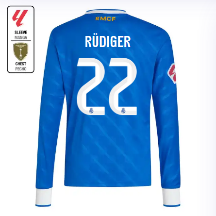 Real Madrid youth third long sleeve jersey jersey 2526 blue – rüdiger – 22 – la liga  intercontinental Kits - Authentic Fan Merchandise